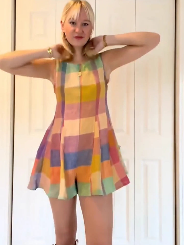 Vibrant Patchwork Grid Sleeveless Jumpsuit