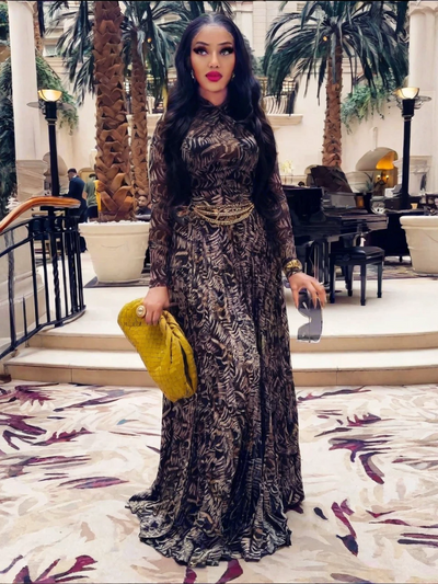 Brown Sheer Mesh Slim-Fit Maxi Dress