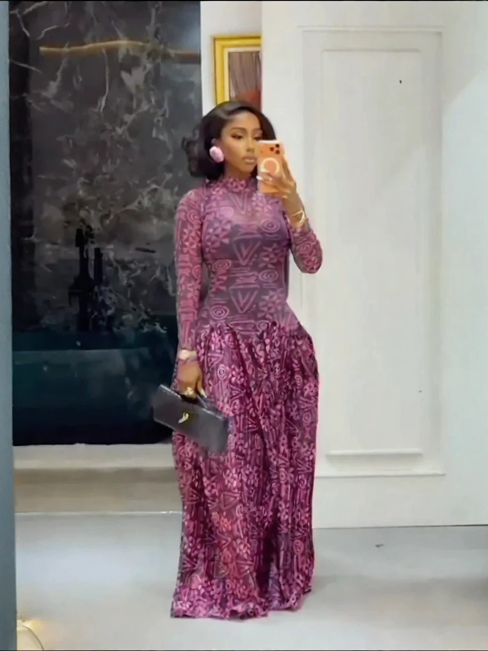 Geometric Print High Neck Maxi Dress