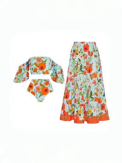 Floral Puff Sleeve High-Waist Bikini Set