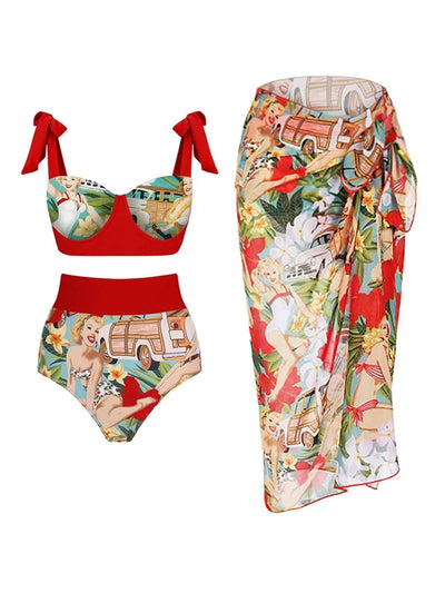 Tie-Front High-Waist Vintage Print Bikini Set