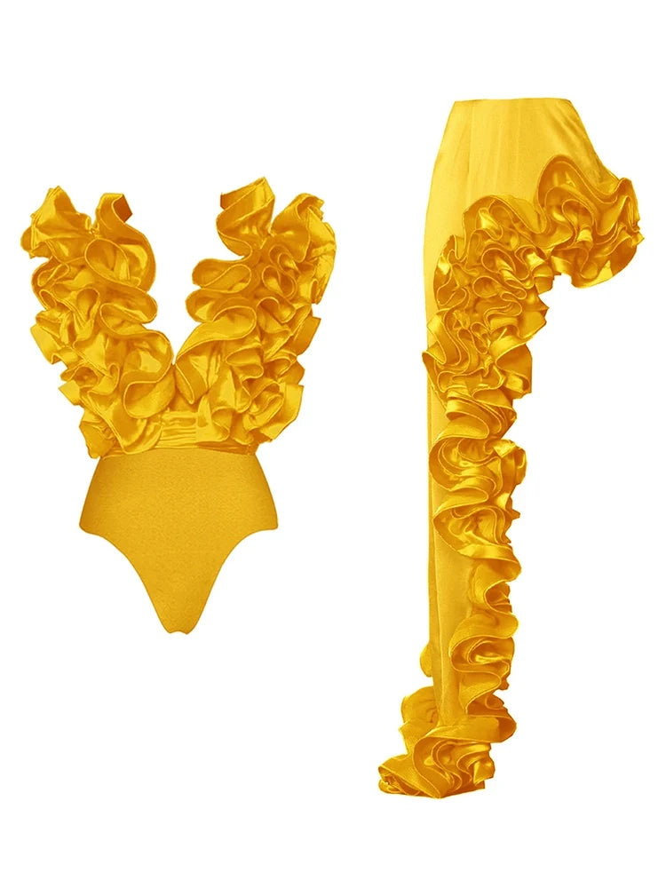 Ruffled V-Neck Yellow Swimsuit