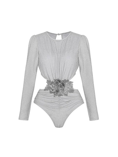 Silver Glossy Long Sleeve One-Piece Swimsuit