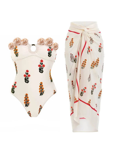 Strapless Floral Embellished One-Piece Swimsuit