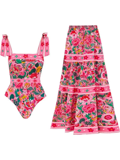 Floral Bowknot Tie One-Piece Swimsuit