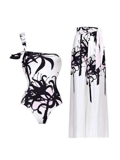 Chinese Ink Print One Piece Swimsuit Set