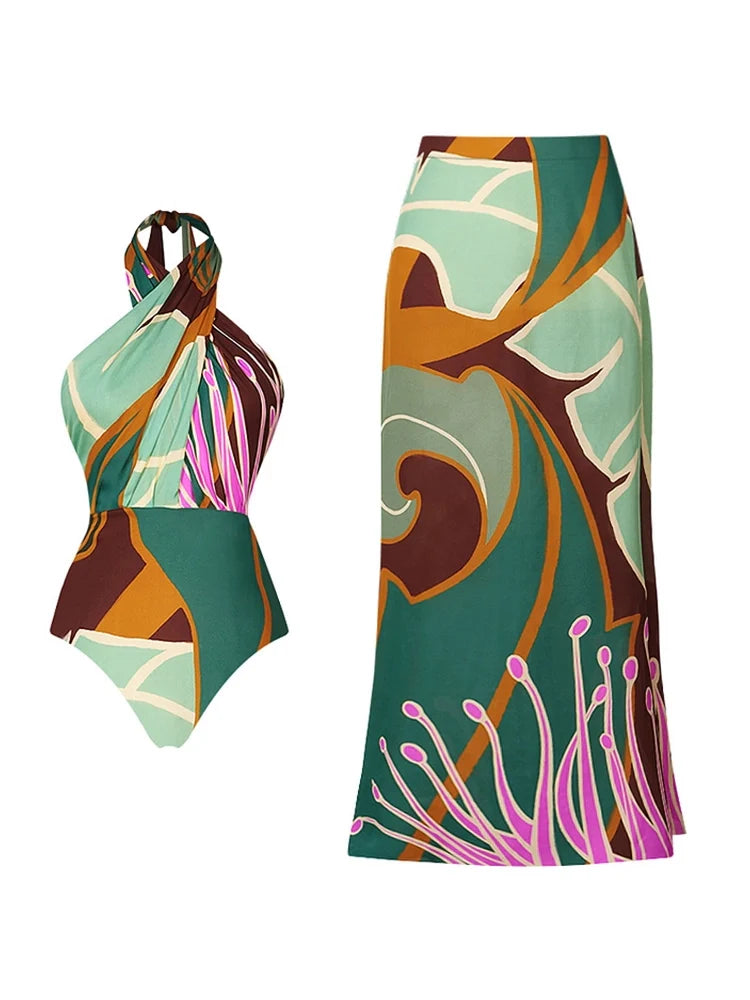 Halter Cross Backless Floral Swimsuit Set