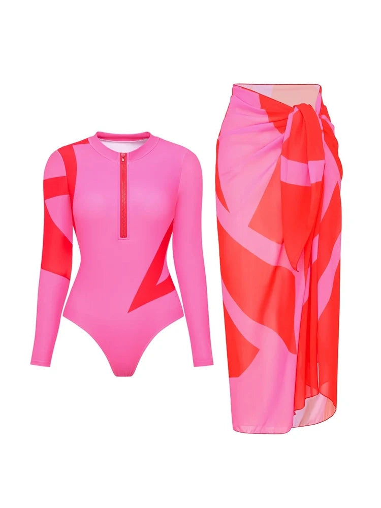Colorblock Long Sleeve Surf Swimsuit Set