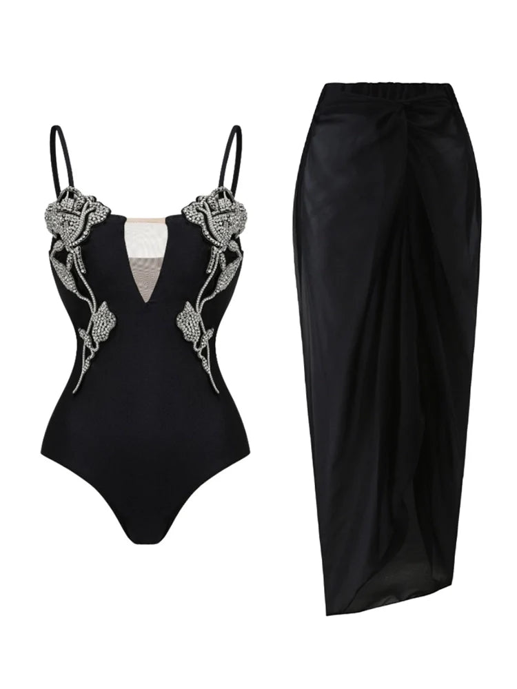 Rhinestone Rose One-Piece Swimsuit