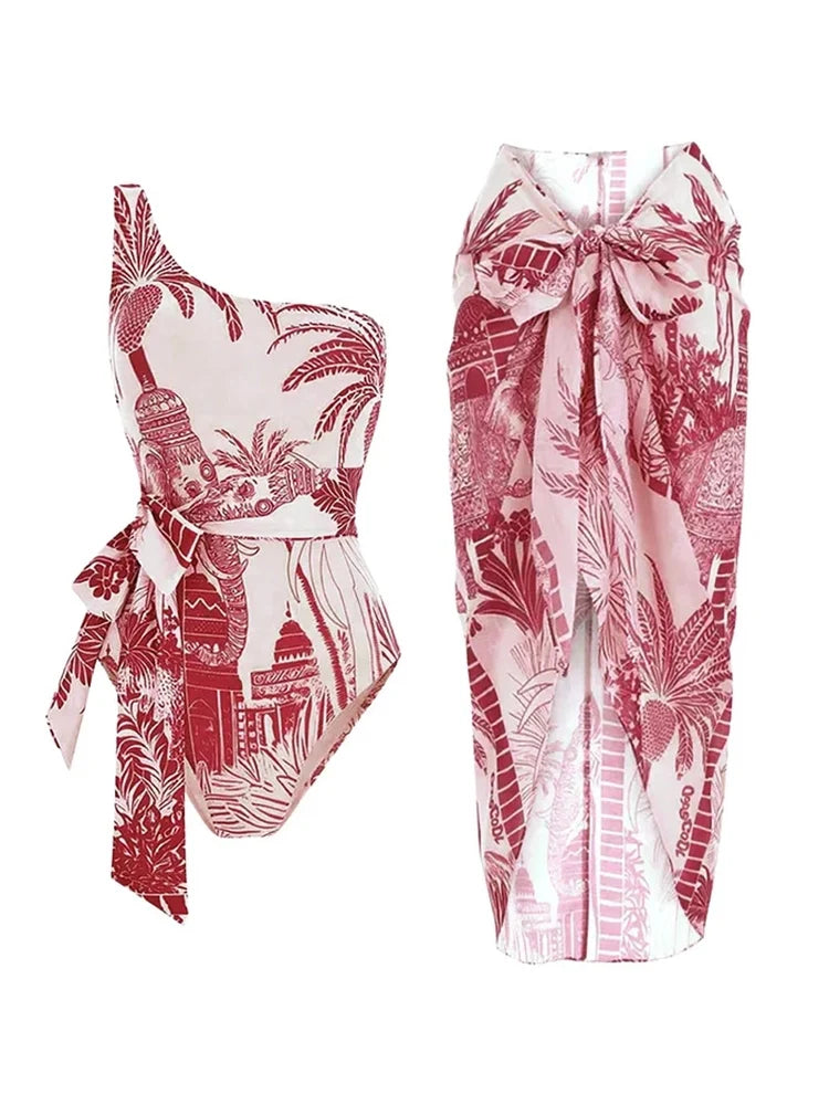 One-Shoulder Palm Print Swimsuit Set