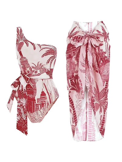 One-Shoulder Palm Print Swimsuit Set