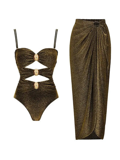 Gold Buckle Cutout Glossy One Piece Swimsuit Set