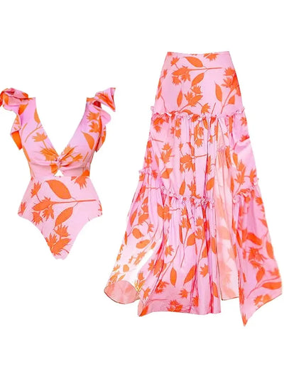 Ruffle Trim Beach Vacation Printed Swimsuit Set