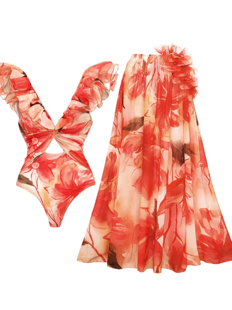 Ruffle Trim Vacation Print Swimsuit Set