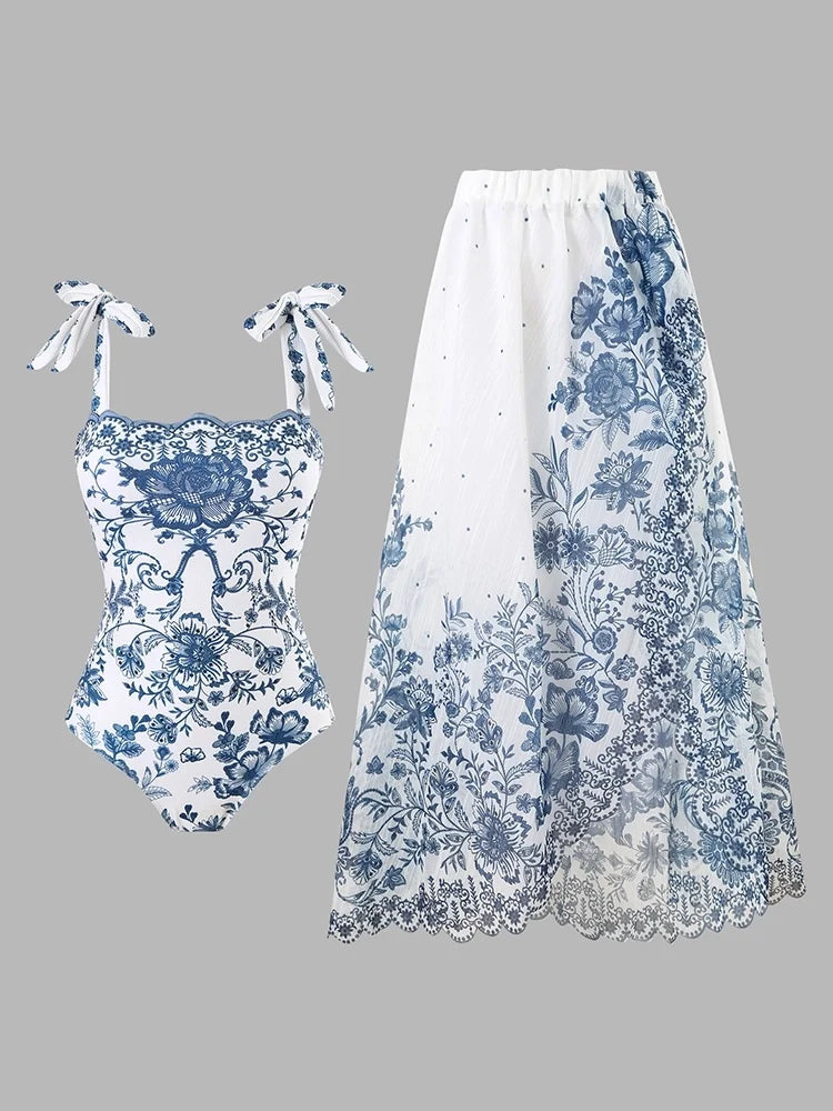 Floral Bow Tie One-Piece Swimsuit Set