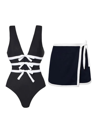 Cutout Black and White One-Piece Swimsuit