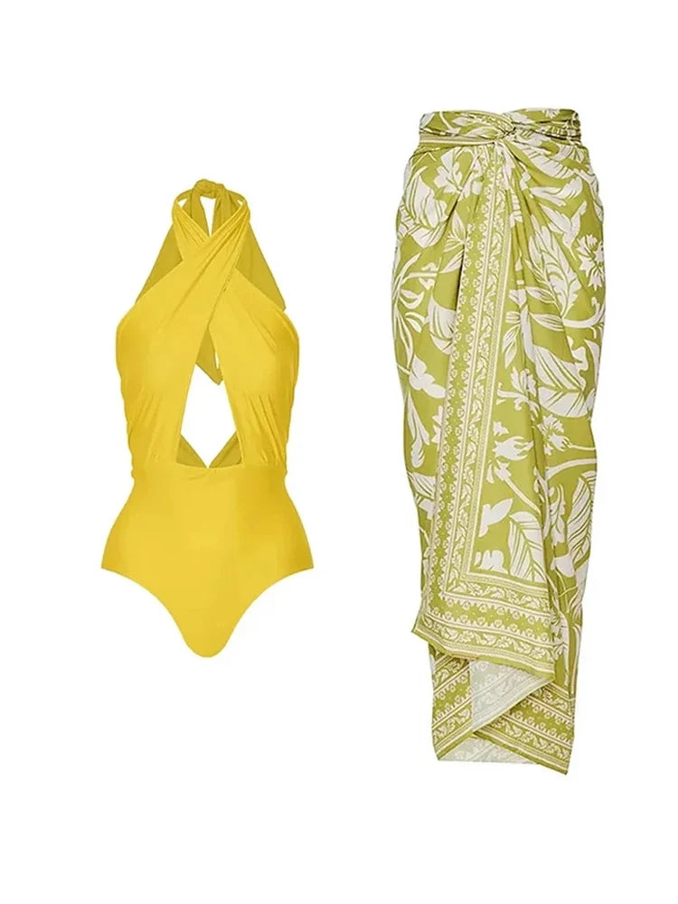 Cross Halter Solid Cutout One-Piece Swimsuit