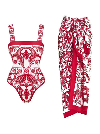 Ethnic Print One-Piece Swimsuit Set