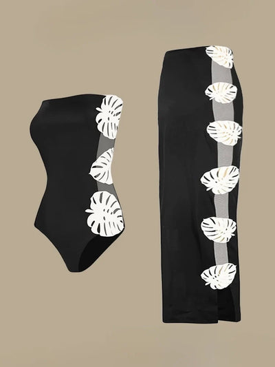 Leaf Patchwork Cutout Strapless Swimsuit