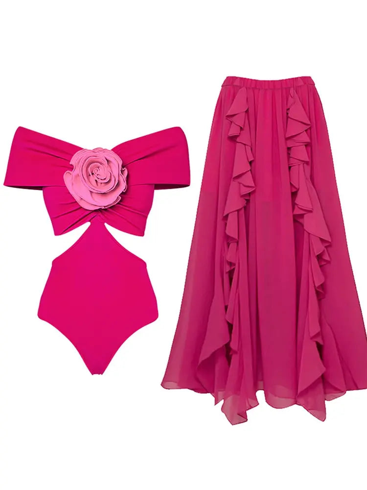 Floral Appliqué Cutout One Piece Swimsuit Set