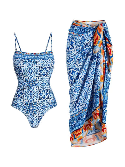Blue Ethnic Print Swimsuit Set