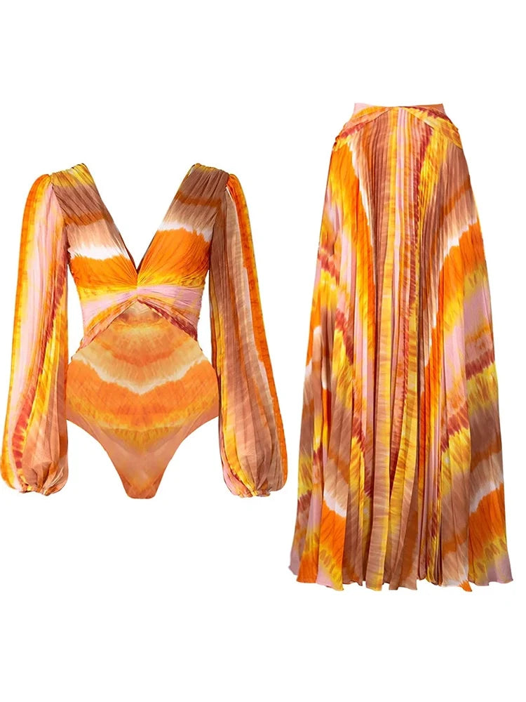 V-Neck Long Sleeve Printed Swimsuit Set