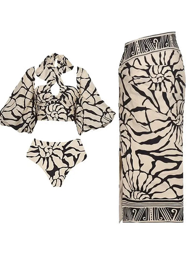 Halter Printed Swimsuit Set with Detachable Sleeves