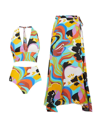 Deep V Halter Neck Print Sexy Swimsuit Set