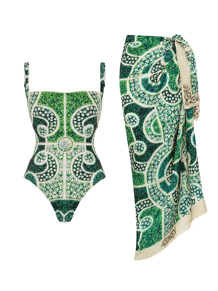 Green Ethnic Print One Piece Swimsuit Set