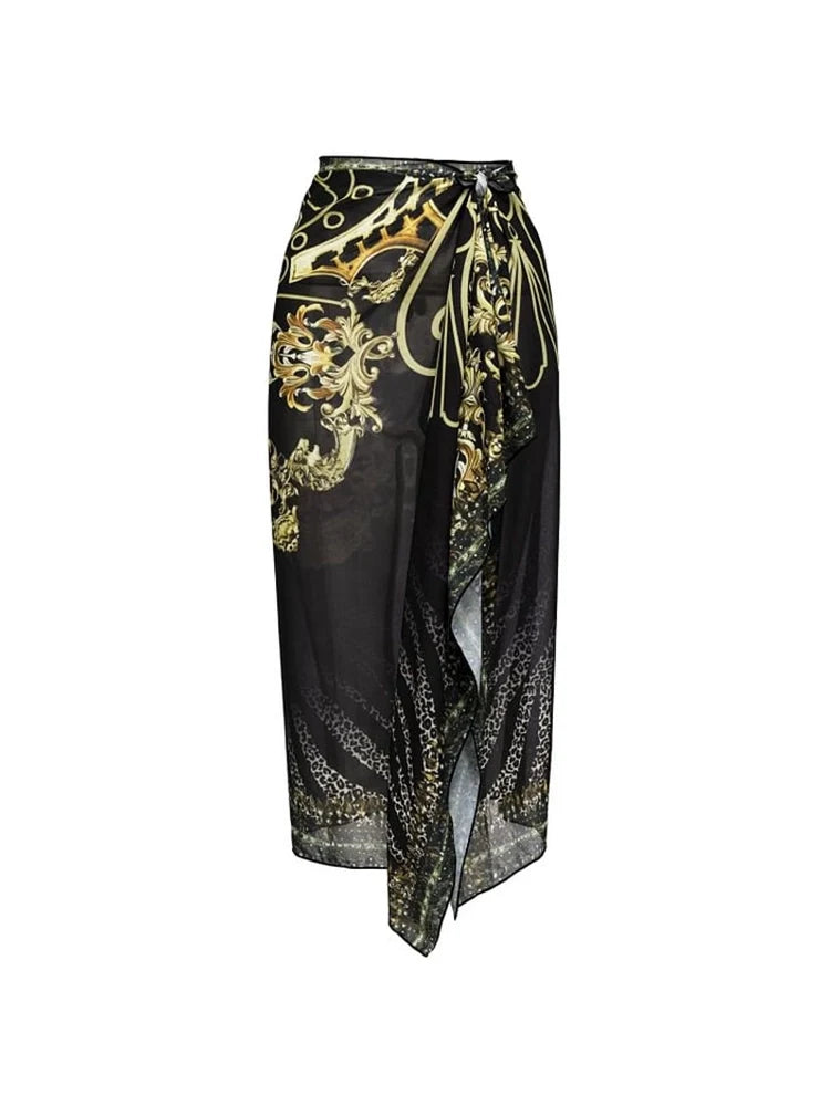 Black Gold Print Ruffle Tie Swimsuit Set