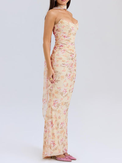 Floral Strapless Bodice and High Waist Skirt with Tie Set