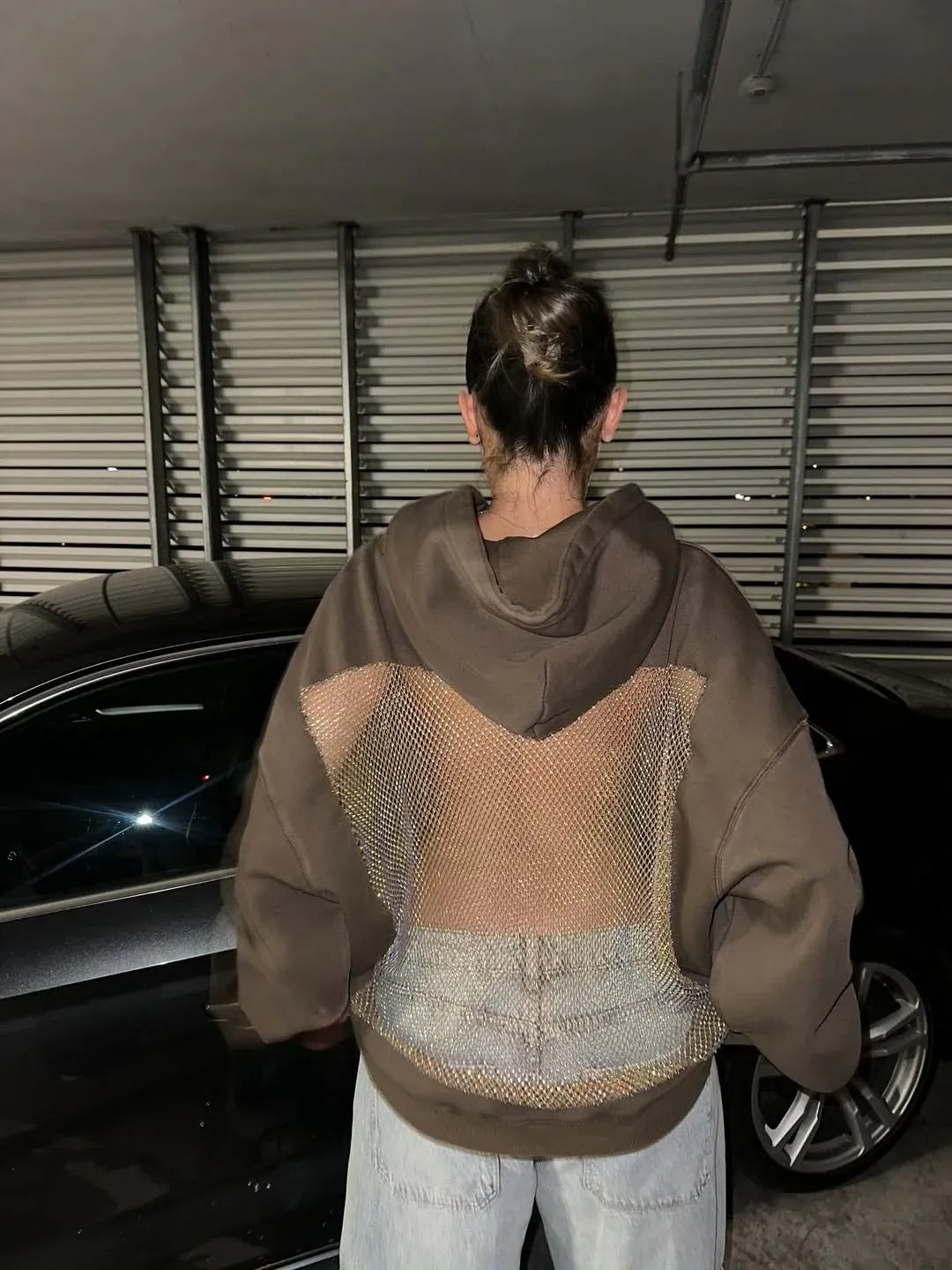 Backless Sheer Mesh Hoodie