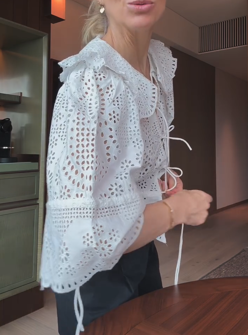 Eyelet Lace Ruffled Collar Peplum Blouse