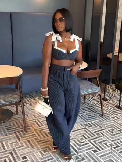 Chic Retro Striped Wide Leg Pants Set